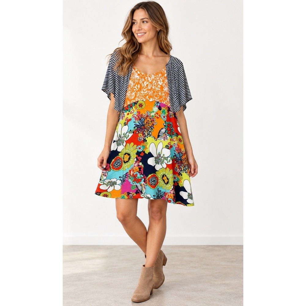 Uncle Frank Dress Women Medium Orange Black Mixed Media Striped Art Boho Floral